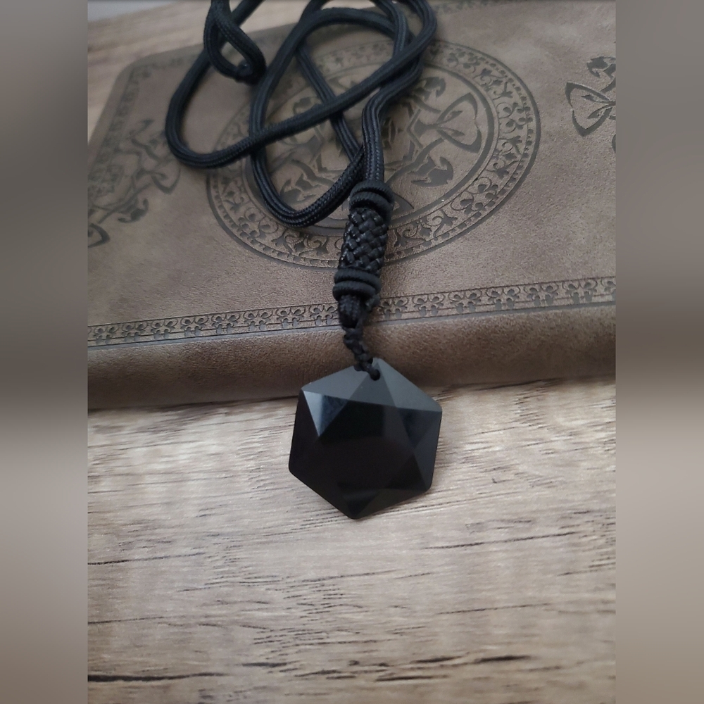 Black Obsidian Hexagonal Necklace Healing Stone Pendant, Black Obsidian Hexagram
